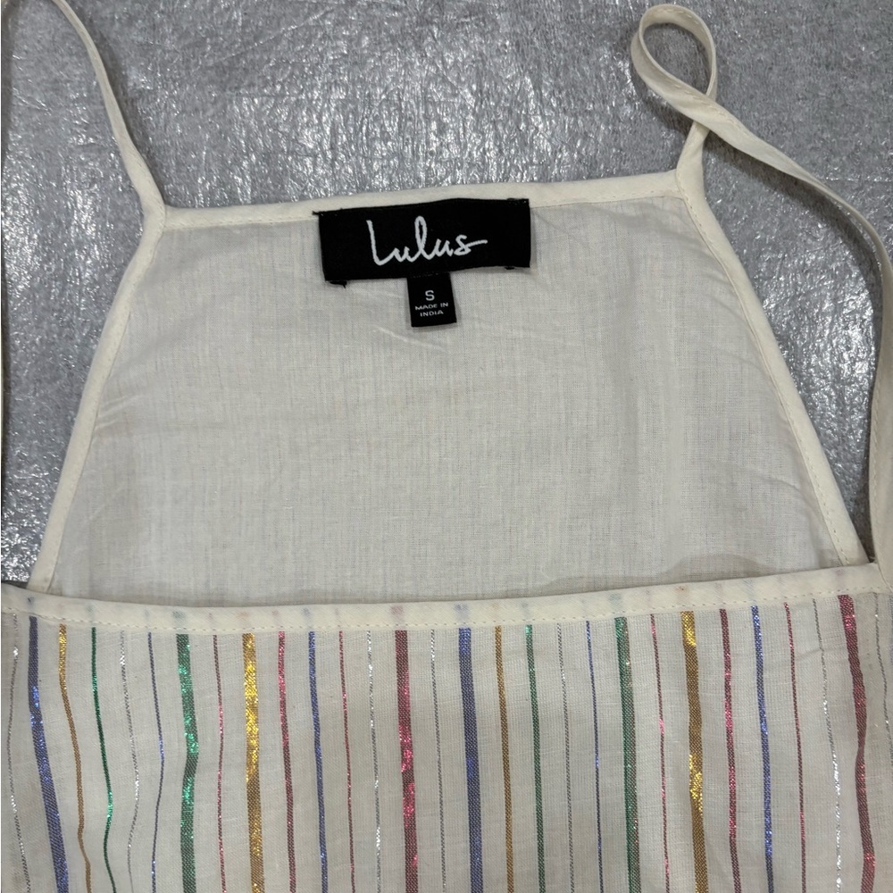 [S]Lulus Girl Power Cream Metallic Multi Striped Ruffled Maxi Dress - Picture 7 of 10